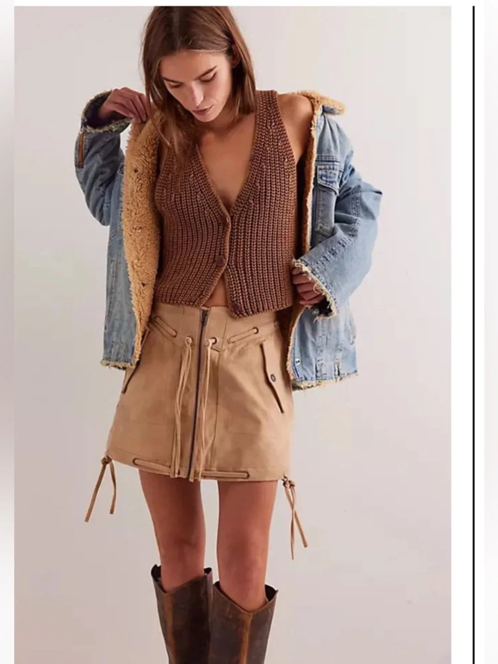 Free People / We The Free - Sierra NWT Vegan Suede Western Mini Skirt Beige Sz 6